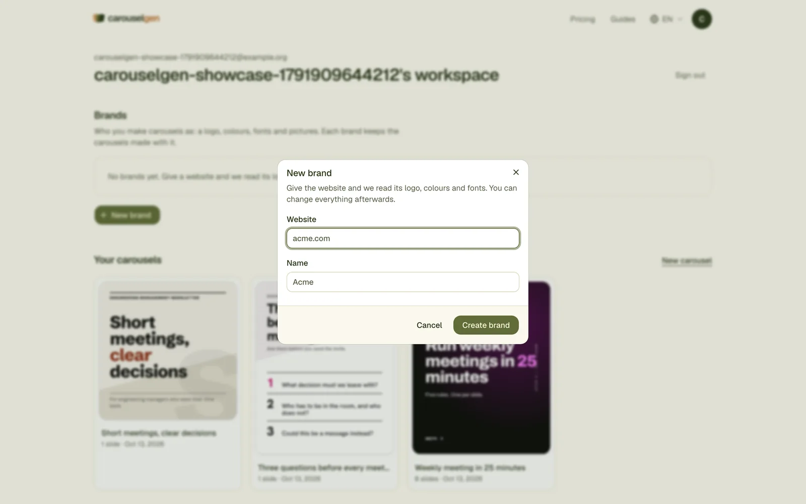 The New brand dialog: a website and a name, from which carouselgen reads logo, colours and fonts.