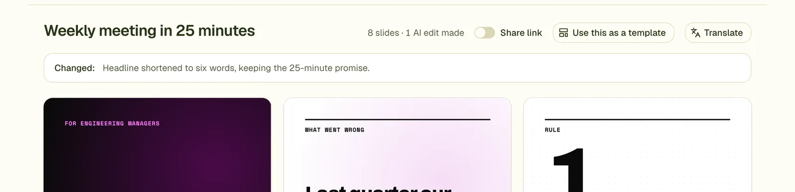 After Apply, a note above the slides says what changed: headline shortened to six words.