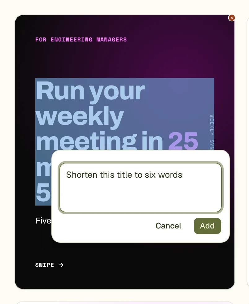 A comment box opened on the cover headline with the note 'Shorten this title to six words'.