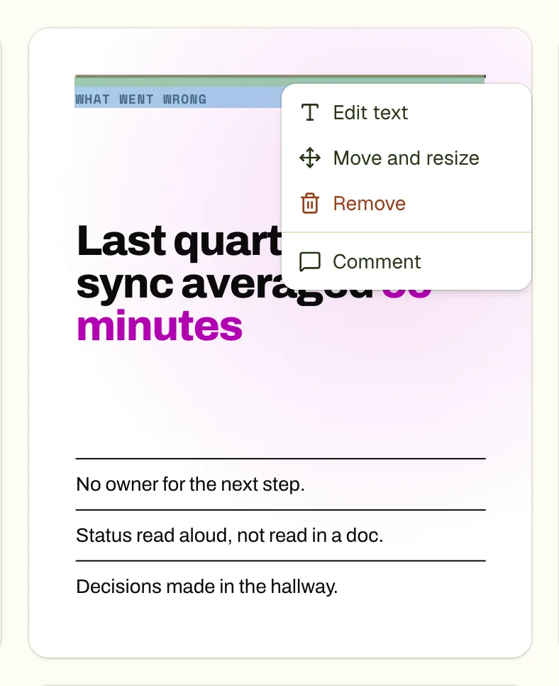 Right-clicking a slide element opens a menu: Edit text, Move and resize, Remove and Comment.