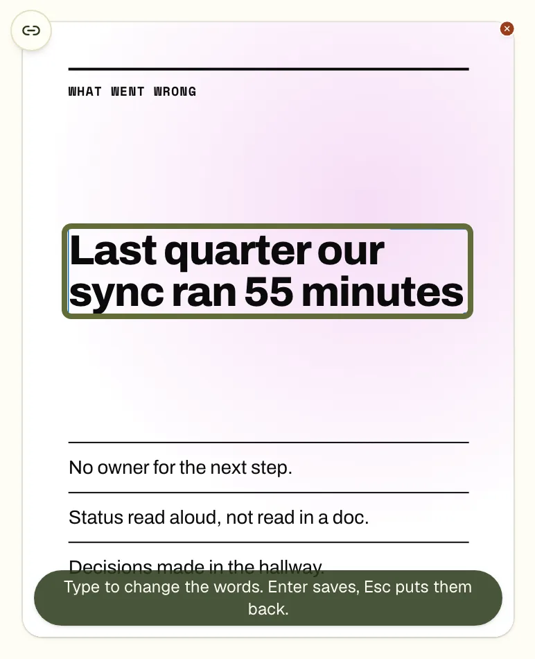 Editing a headline's words in place on the slide, with a hint that Enter saves and Esc puts the words back.