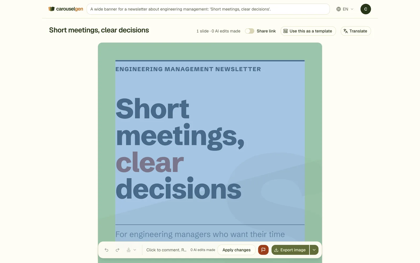 A generated banner image: 'Short meetings, clear decisions' on a green and blue background.