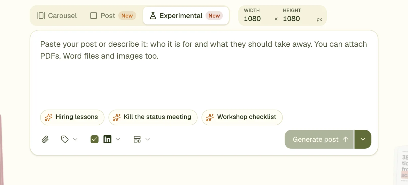 The Experimental tab with width and height fields for an image of any size.