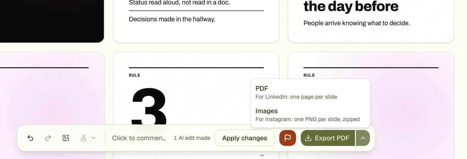 The export menu: PDF for LinkedIn, one page per slide, and Images for Instagram, one PNG per slide.