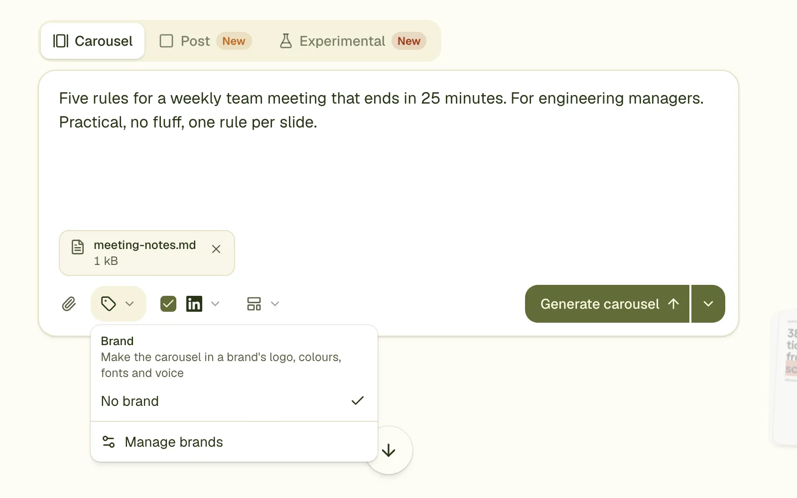 The Brand menu on the prompt box, with No brand selected and a link to manage brands.