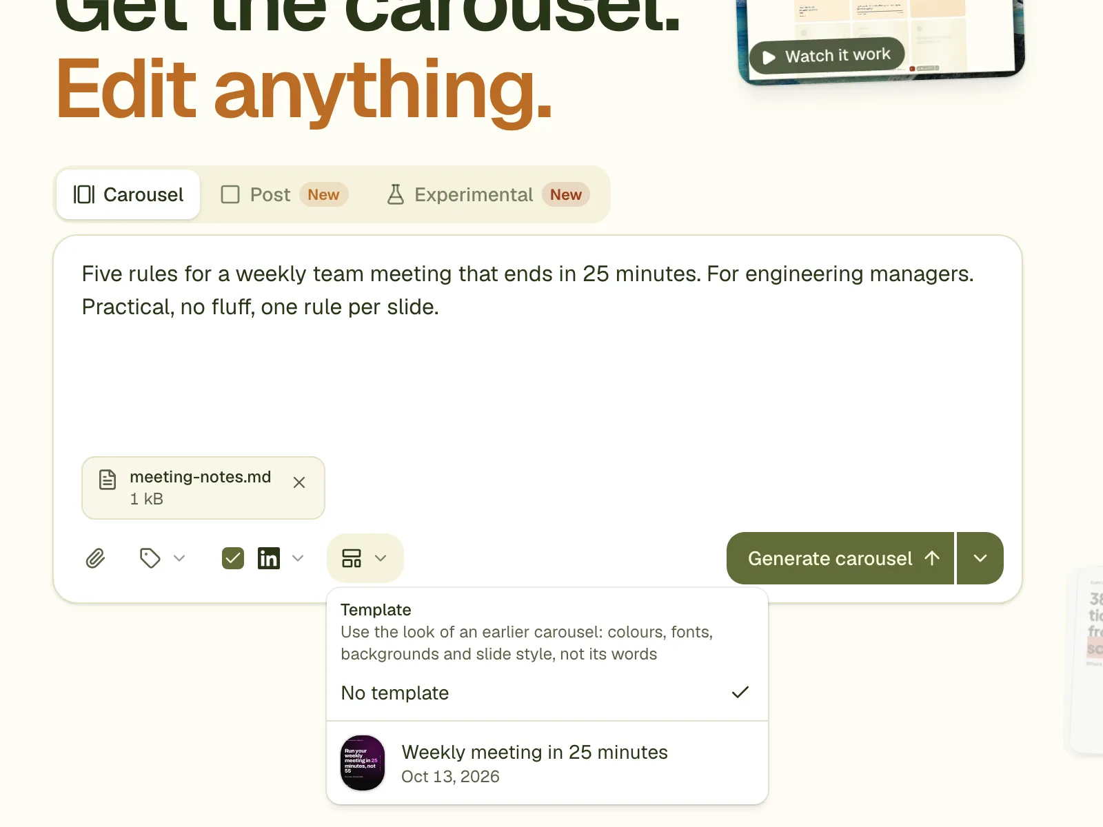 The Template menu, listing an earlier carousel to reuse its look.