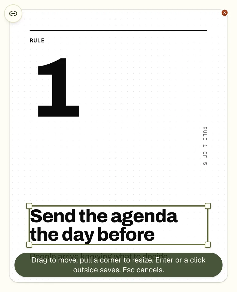 A frame with corner handles around a headline, for dragging it or resizing it.