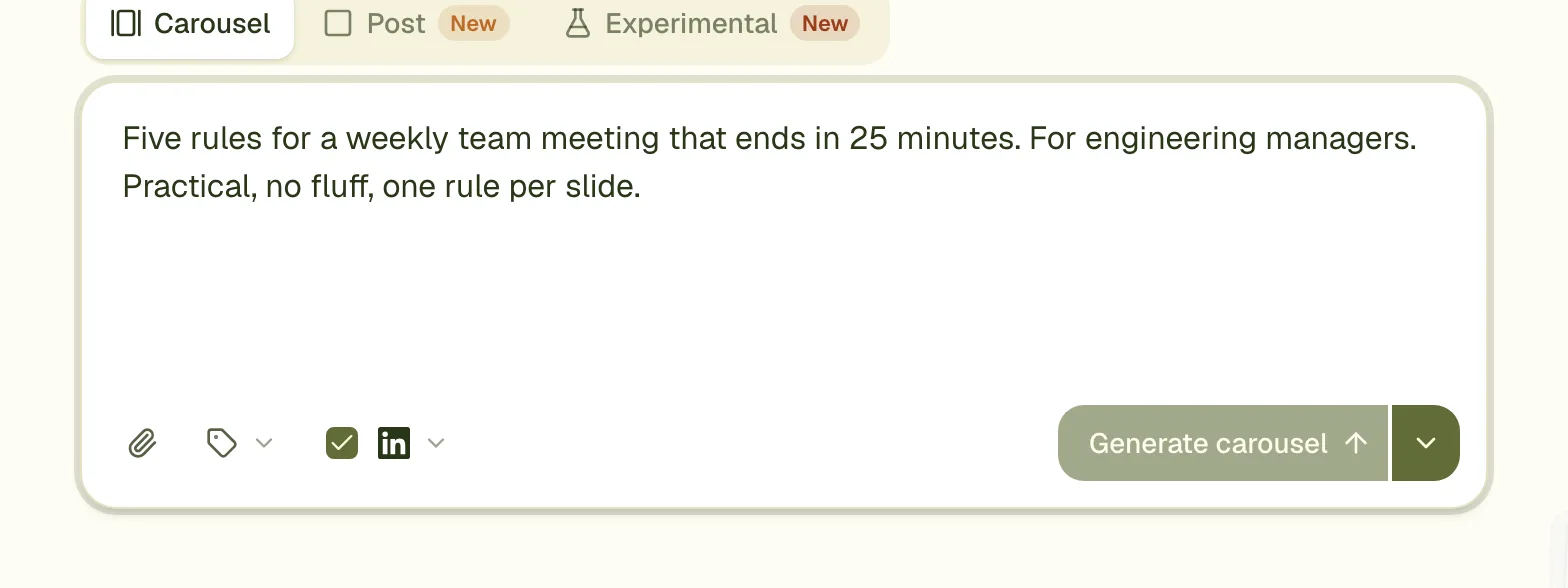 A brief typed into the carouselgen prompt box: five rules for a 25-minute team meeting.