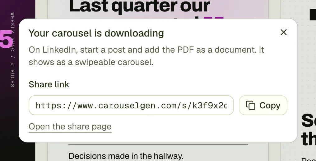 The dialog after export: the carousel is downloading and a share link with a Copy button.