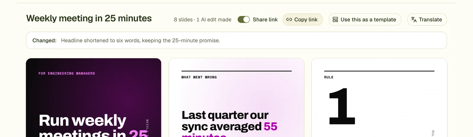 The Share link switch turned on, with a Copy link button beside it.