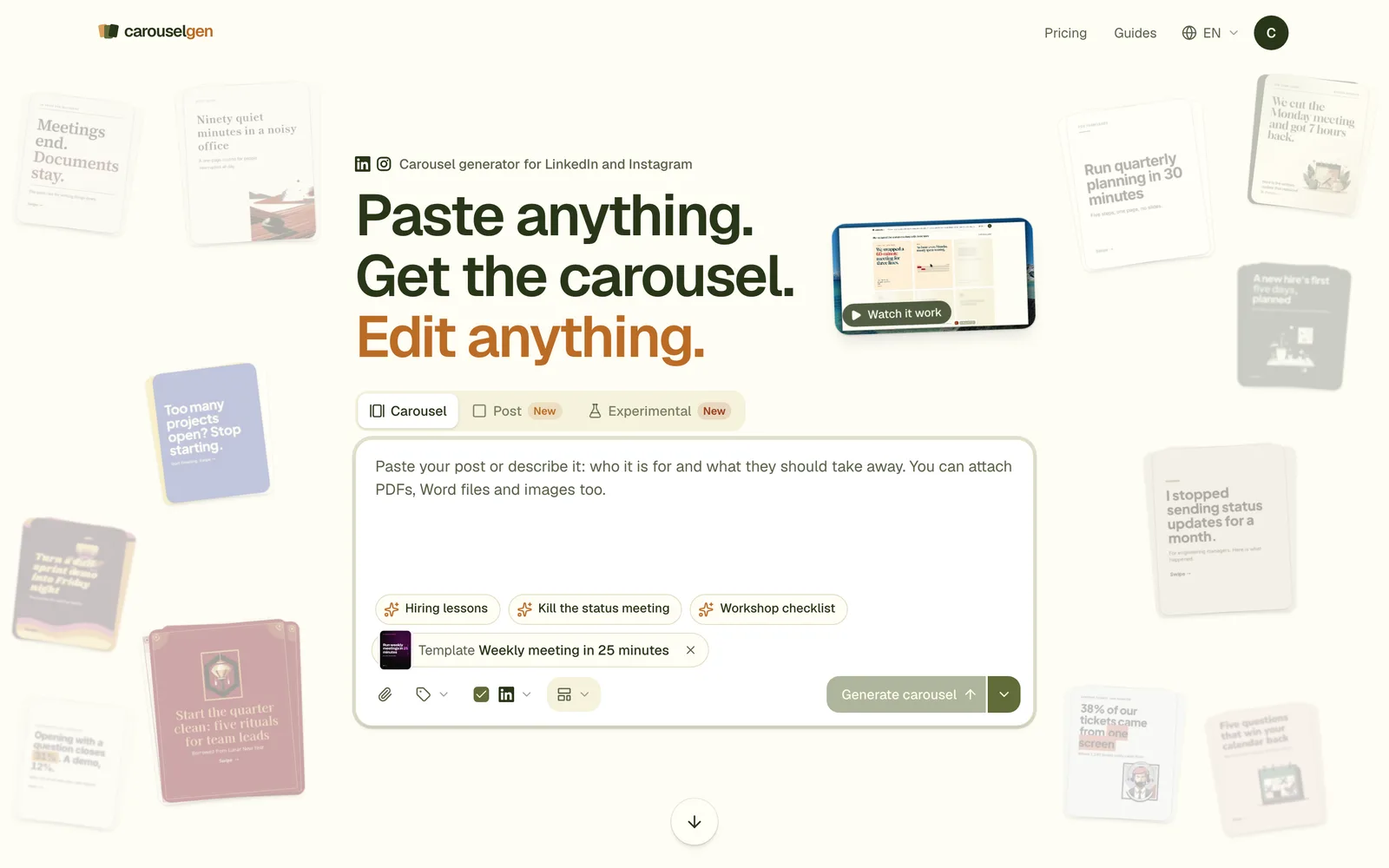 The start page with an earlier carousel chosen as a template, shown as a chip in the prompt box.