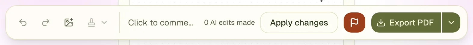 The editor toolbar: undo, redo, add image, watermark, comments, Apply changes, report a bug and Export PDF.