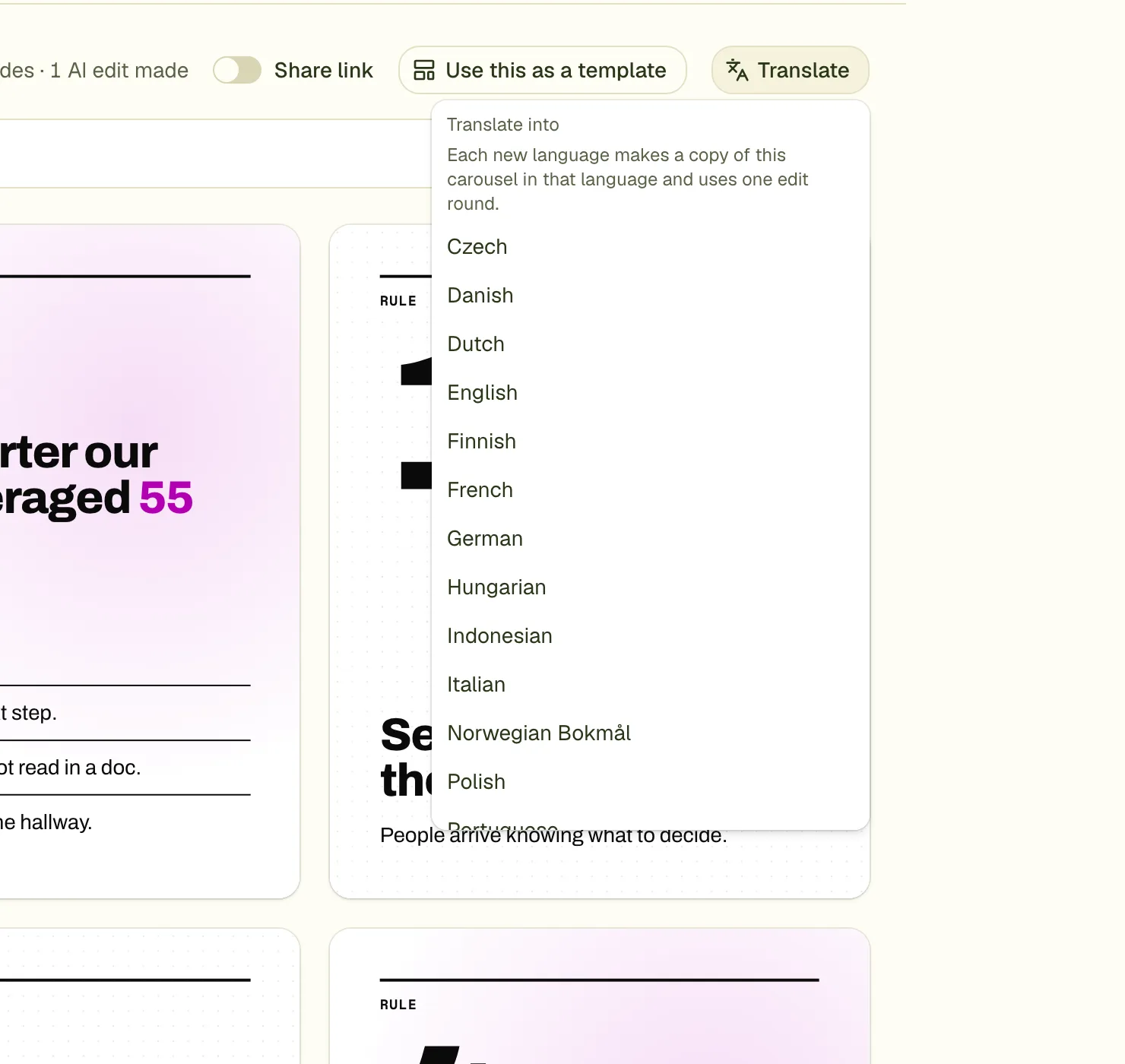 The Translate menu listing languages; each translation is a copy of the carousel.
