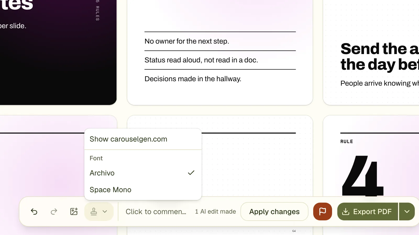 The watermark menu: a switch for the carouselgen.com mark and a choice of the deck's fonts.